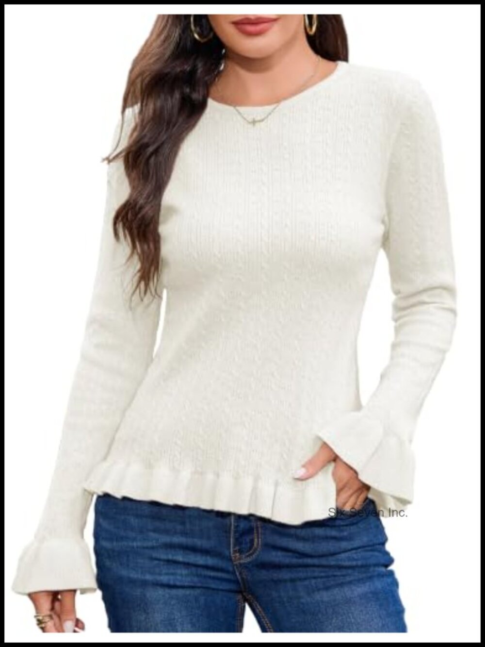 Cable Knit Peplum Sweater Ruffle Cuff Crewneck Pullover Women